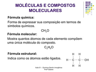MOLÉCULAS E COMPOSTOS
MOLECULARES
Fórmula química:
Forma de expressar sua composição em termos de
símbolos químicos.
CH3O
Fórmula molecular:
Mostra quantos átomos de cada elemento compõem
uma única molécula do composto.
C2H6O
Fórmula estrutural:
Indica como os átomos estão ligados.
Aula 01 – Química Geral e Inorgânica
Profª Daiane

 