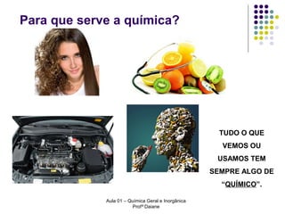 Para que serve a química?

TUDO O QUE
VEMOS OU
USAMOS TEM
SEMPRE ALGO DE
“QUÍMICO”.
Aula 01 – Química Geral e Inorgânica
Profª Daiane

 