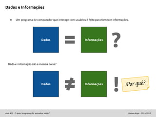 Dados e Informações
●

Um programa de computador que interage com usuários é feito para fornecer informações.

Dados

Informações

?

Informações

!

Dado e informação são a mesma coisa?

Dados

Aula #01 - O que é programação, entrada e saída?

Por quê?

Ramon Kayo - 2013/2014

 