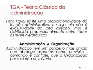 32
Para Fayol existe uma proporcionalidade da
função administrativa, ou seja, ela não é
exclusividade da alta direção, mas é
distribuída proporcionalmente entre todos
os níveis hierárquicos.
Administração ≠ Organização
Administração tem um conceito mais amplo
que abrange aspectos como previsão ,
comando e controle, que a Organização
por si só não envolveria.
 