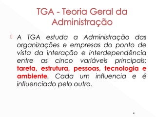  A TGA estuda a Administração das
organizações e empresas do ponto de
vista da interação e interdependência
entre as cinco variáveis principais:
tarefa, estrutura, pessoas, tecnologia e
ambiente. Cada um influencia e é
influenciado pelo outro.
4
 