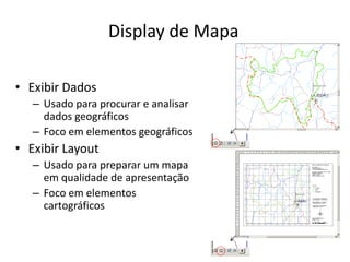 Display de Mapa
• Exibir Dados
– Usado para procurar e analisar
dados geográficos
– Foco em elementos geográficos
• Exibir Layout
– Usado para preparar um mapa
em qualidade de apresentação
– Foco em elementos
cartográficos
 