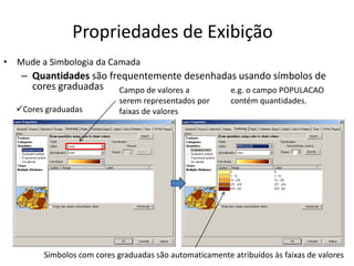 Propriedades de Exibição
• Mude a Simbologia da Camada
– Quantidades são frequentemente desenhadas usando símbolos de
cores graduadas Campo de valores a
serem representados por
faixas de valores
e.g. o campo POPULACAO
contém quantidades.
Símbolos com cores graduadas são automaticamente atribuídos às faixas de valores
Cores graduadas
 