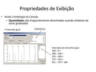 Propriedades de Exibição
• Mude a Simbologia da Camada
– Quantidades são frequentemente desenhadas usando símbolos de
cores graduadas
Estatísticas
Intervalos de tamanho igual
184 – 0 ≈
368 – 184 ≈
553 – 368 ≈
737 – 553 ≈
921 – 737 ≈ 184
Intervalo igual
 