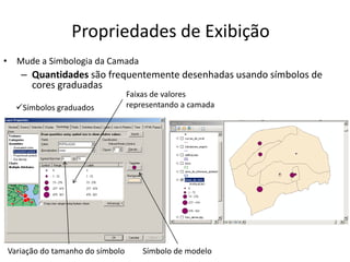 Propriedades de Exibição
• Mude a Simbologia da Camada
– Quantidades são frequentemente desenhadas usando símbolos de
cores graduadas
Faixas de valores
representando a camada
Variação do tamanho do símbolo
Símbolos graduados
Símbolo de modelo
 