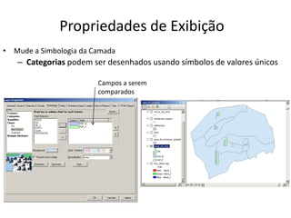 Propriedades de Exibição
• Mude a Simbologia da Camada
– Categorias podem ser desenhados usando símbolos de valores únicos
Campos a serem
comparados
 