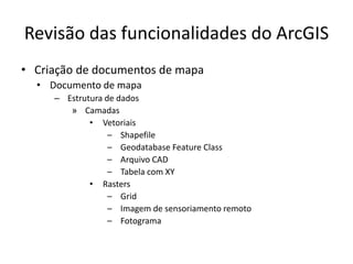 Revisão das funcionalidades do ArcGIS
• Criação de documentos de mapa
• Documento de mapa
– Estrutura de dados
» Camadas
• Vetoriais
– Shapefile
– Geodatabase Feature Class
– Arquivo CAD
– Tabela com XY
• Rasters
– Grid
– Imagem de sensoriamento remoto
– Fotograma
 