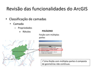 Revisão das funcionalidades do ArcGIS
• Classificação de camadas
• Camada
– Propriedades
» Rótulos
Feição com múltiplas
partes
POLÍGONO
Uma feição com múltiplas partes é composta
de geometrias não contínuas.
 