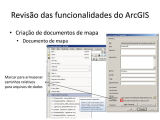 Revisão das funcionalidades do ArcGIS
• Criação de documentos de mapa
• Documento de mapa
Marcar para armazenar
caminhos relativos
para arquivos de dados
 