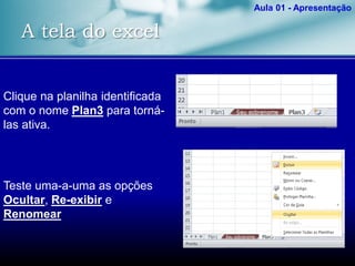 A tela do excel
Aula 01 - Apresentação
Clique na planilha identificada
com o nome Plan3 para torná-
las ativa.
Teste uma-a-uma as opções
Ocultar, Re-exibir e
Renomear
 