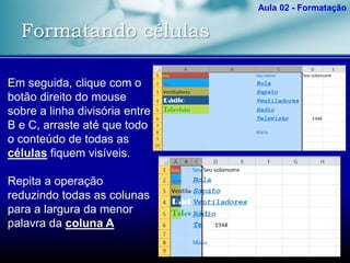 Formatando células
Aula 02 - Formatação
Em seguida, clique com o
botão direito do mouse
sobre a linha divisória entre
B e C, arraste até que todo
o conteúdo de todas as
células fiquem visíveis.
Repita a operação
reduzindo todas as colunas
para a largura da menor
palavra da coluna A
 