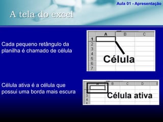 A tela do excel
Aula 01 - Apresentação
Cada pequeno retângulo da
planilha é chamado de célula
Célula ativa é a célula que
possui uma borda mais escura
 