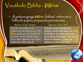 Vocábulo Bíblia - βίβλια
• A palavra grega βιβλω (biblos) refere-se a
folha de papiro preparada para escrita;
περι δε των νεκρων οτι
εγειρονται ουκ ανεγνωτε εν τη
βιβλω μωσεως επι της βατου
ως ειπεν αυτω ο θεος λεγων
εγω ο θεος αβρααμ και ο θεος
ισαακ και ο θεος ιακωβ
Marcos 12.26 - Grego
Quanto à ressurreição dos
mortos, vocês não leram no livro
de Moisés, no relato da sarça,
como Deus lhe disse: “Eu sou o
Deus de Abraão, o Deus de
Isaque e o Deus de Jacó”
Marcos 12.26 - NVI
 