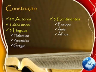 Construção
40 Autores
1.600 anos
3 Línguas
Hebraico
Aramaico
Grego
3 Continentes
Europa
Ásia
África
 