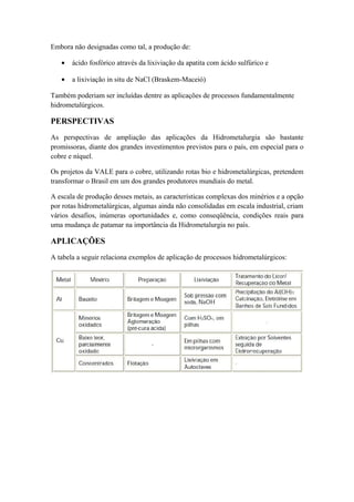 Embora não designadas como tal, a produção de: 
· ácido fosfórico através da lixiviação da apatita com ácido sulfúrico e 
· a lixiviação in situ de NaCl (Braskem-Maceió) 
Também poderiam ser incluídas dentre as aplicações de processos fundamentalmente 
hidrometalúrgicos. 
PERSPECTIVAS 
As perspectivas de ampliação das aplicações da Hidrometalurgia são bastante 
promissoras, diante dos grandes investimentos previstos para o país, em especial para o 
cobre e níquel. 
Os projetos da VALE para o cobre, utilizando rotas bio e hidrometalúrgicas, pretendem 
transformar o Brasil em um dos grandes produtores mundiais do metal. 
A escala de produção desses metais, as características complexas dos minérios e a opção 
por rotas hidrometalúrgicas, algumas ainda não consolidadas em escala industrial, criam 
vários desafios, inúmeras oportunidades e, como conseqüência, condições reais para 
uma mudança de patamar na importância da Hidrometalurgia no país. 
APLICAÇÕES 
A tabela a seguir relaciona exemplos de aplicação de processos hidrometalúrgicos: 
 