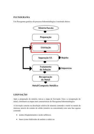 FLUXOGRAMA 
Um fluxograma genérico de processo hidrometalúrgico é mostrado abaixo: 
LIXIVIAÇÃO 
Após a preparação do minério, tem-se a etapa de lixiviação. Esta e a recuperação do 
metal, constituem as etapas mais características do fluxograma hidrometalúrgico. 
A lixiviação consiste na dissolução seletiva de minerais contendo o metal ou metais de 
interesse através do contato do sólido (minério ou concentrado) com uma fase aquosa 
contendo: 
· ácidos (freqüentemente o ácido sulfúrico), 
· bases (como hidróxidos de amônio e sódio) ou 
 