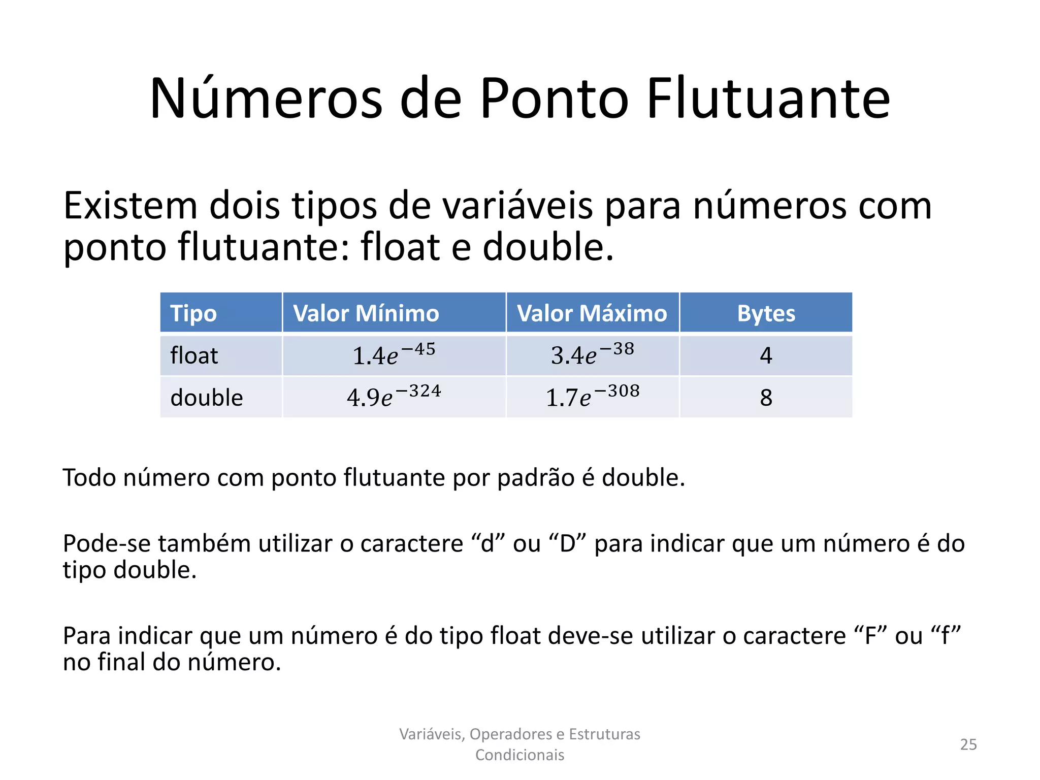 Números de Ponto Flutuante
Existem dois tipos de variáveis para números com
ponto flutuante: float e double.
Todo número com ponto flutuante por padrão é double.
Pode-se também utilizar o caractere “d” ou “D” para indicar que um número é do
tipo double.
Para indicar que um número é do tipo float deve-se utilizar o caractere “F” ou “f”
no final do número.
Variáveis, Operadores e Estruturas
Condicionais
25
Tipo Valor Mínimo Valor Máximo Bytes
float 1.4𝑒−45 3.4𝑒−38 4
double 4.9𝑒−324
1.7𝑒−308 8
 