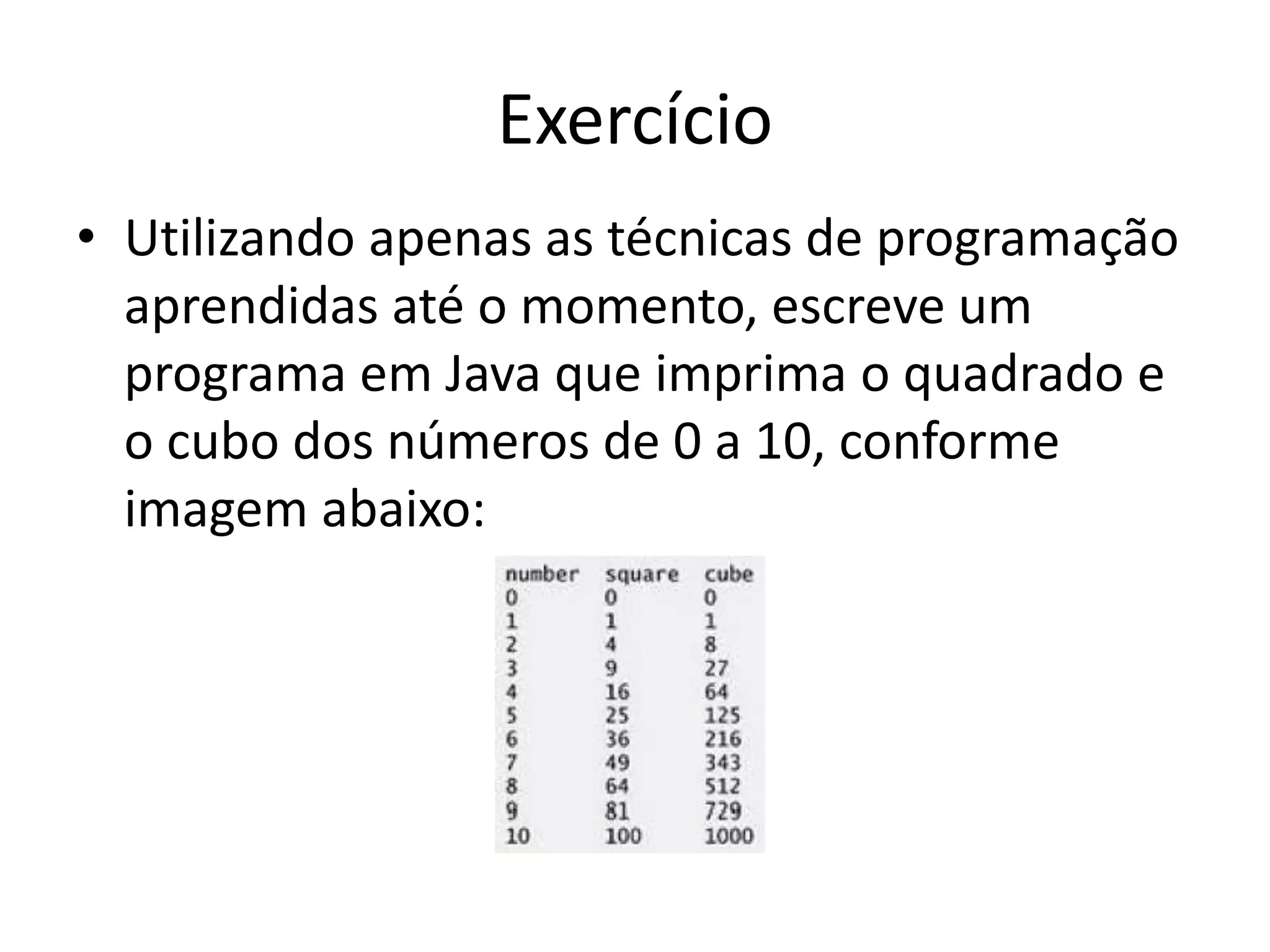 Exercício
• Utilizando apenas as técnicas de programação
aprendidas até o momento, escreve um
programa em Java que imprima o quadrado e
o cubo dos números de 0 a 10, conforme
imagem abaixo:
 