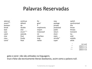 Palavras Reservadas
abstract continue for new switch
assert*** default goto* package synchronized
boolean do if private this
break double implements protected throw
byte else import public throws
case enum**** instanceof return transient
catch extends int short try
char final interface static void
class finally long strictfp** volatile
const* float native super while
Fundamentos da Linguagem 15
* not used
** added in 1.2
*** added in 1.4
**** added in 5.0
goto e const não são utilizadas na linguagem;
true e false são tecnicamente literais booleanos, assim como a palavra null.
 