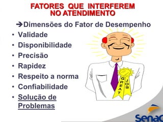 • Validade
• Disponibilidade
• Precisão
• Rapidez
• Respeito a norma
• Confiabilidade
• Solução de
Problemas
Dimensões do Fator de Desempenho
FATORES QUE INTERFEREM
NO ATENDIMENTO
 