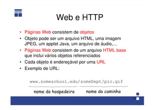 17
Web e HTTP
• Páginas Web consistem de objetos
• Objeto pode ser um arquivo HTML, uma imagem
JPEG, um applet Java, um arquivo de áudio,…
• Páginas Web consistem de um arquivo HTML base
que inclui vários objetos referenciados
• Cada objeto é endereçável por uma URL
• Exemplo de URL:
www.someschool.edu/someDept/pic.gif
nome do hospedeiro nome do caminho
 