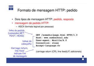 21
Formato de mensagem HTTP: pedido
• Dois tipos de mensagem HTTP: pedido, resposta
• mensagem de pedido HTTP:
– ASCII (formato legível por pessoas)
GET /somedir/page.html HTTP/1.0
Host: www.someschool.edu
User-agent: Mozilla/4.0
Connection: close
Accept-language:fr
(carriage return (CR), line feed(LF) adicionais)
linha do pedido
(comandos GET,
POST, HEAD)
linhas do
cabeçalho
Carriage return,
line feed
indicam fim
de mensagem
 