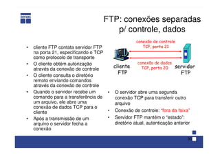 30
FTP: conexões separadas
p/ controle, dados
• cliente FTP contata servidor FTP
na porta 21, especificando o TCP
como protocolo de transporte
• O cliente obtém autorização
através da conexão de controle
• O cliente consulta o diretório
remoto enviando comandos
através da conexão de controle
• Quando o servidor recebe um
comando para a transferência de
um arquivo, ele abre uma
conexão de dados TCP para o
cliente
• Após a transmissão de um
arquivo o servidor fecha a
conexão
• O servidor abre uma segunda
conexão TCP para transferir outro
arquivo
• Conexão de controle: “fora da faixa”
• Servidor FTP mantém o “estado”:
diretório atual, autenticação anterior
cliente
FTP
servidor
FTP
conexão de controle
TCP, porta 21
conexão de dados
TCP, porta 20
 