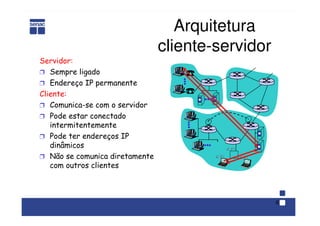 6
Arquitetura
cliente-servidor
Servidor:
Ì Sempre ligado
Ì Endereço IP permanente
Cliente:
Ì Comunica-se com o servidor
Ì Pode estar conectado
intermitentemente
Ì Pode ter endereços IP
dinâmicos
Ì Não se comunica diretamente
com outros clientes
 