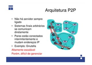 7
Arquitetura P2P
• Não há servidor sempre
ligado
• Sistemas finais arbitrários
se comunicam
diretamente
• Pares estão conectados
intermitentemente e
mudam endereços IP
• Exemplo: Gnutella
Altamente escalável
Porém, difícil de gerenciar
 