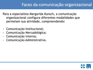 Faces da comunicação organizacional
Para a especialista Margarida Kunsch, a comunicação
organizacional configura diferentes modalidades que
permeiam sua atividade, compreendendo:
- Comunicação Institucional;
- Comunicação Mercadológica;
- Comunicação interna;
- Comunicação Administrativa.
 
