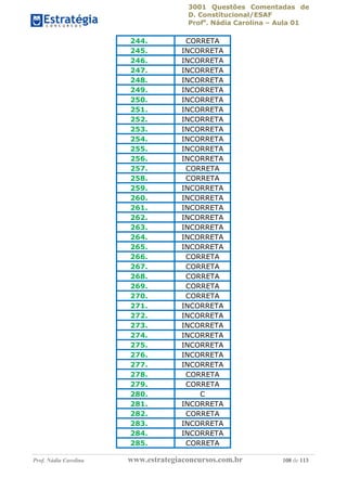 3001 Questões Comentadas de
D. Constitucional/ESAF
Profa
. Nádia Carolina – Aula 01
Prof. Nádia Carolina www.estrategiaconcursos.com.br 108 de 113
244. CORRETA
245. INCORRETA
246. INCORRETA
247. INCORRETA
248. INCORRETA
249. INCORRETA
250. INCORRETA
251. INCORRETA
252. INCORRETA
253. INCORRETA
254. INCORRETA
255. INCORRETA
256. INCORRETA
257. CORRETA
258. CORRETA
259. INCORRETA
260. INCORRETA
261. INCORRETA
262. INCORRETA
263. INCORRETA
264. INCORRETA
265. INCORRETA
266. CORRETA
267. CORRETA
268. CORRETA
269. CORRETA
270. CORRETA
271. INCORRETA
272. INCORRETA
273. INCORRETA
274. INCORRETA
275. INCORRETA
276. INCORRETA
277. INCORRETA
278. CORRETA
279. CORRETA
280. C
281. INCORRETA
282. CORRETA
283. INCORRETA
284. INCORRETA
285. CORRETA
 