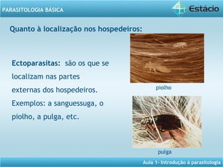 Aula 1- Introdução à parasitologia
PARASITOLOGIA BÁSICA
Quanto à localização nos hospedeiros:
Ectoparasitas: são os que se
localizam nas partes
externas dos hospedeiros.
Exemplos: a sanguessuga, o
piolho, a pulga, etc.
piolho
pulga
 