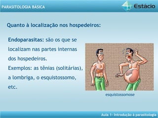 Aula 1- Introdução à parasitologia
PARASITOLOGIA BÁSICA
Endoparasitas: são os que se
localizam nas partes internas
dos hospedeiros.
Exemplos: as tênias (solitárias),
a lombriga, o esquistossomo,
etc. 
Quanto à localização nos hospedeiros:
esquistossomose
 