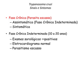 Trypanosoma cruzi
Sinais e Sintomas
• Fase Crônica (Parasito escasso)
– Assintomática (Fase Crônica Indeterminada)
– Sintomática
• Fase Crônica Indeterminada (10 a 20 anos)
– Exames sorológicos =>positivos
– Eletrocardiograma normal
– Parasitismo escasso
 