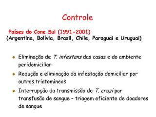 Países do Cone Sul (1991-2001)
(Argentina, Bolívia, Brasil, Chile, Paraguai e Uruguai)
Eliminação de T. infestans das casas e do ambiente
peridomiciliar
Redução e eliminação da infestação domiciliar por
outros triatomíneos
Interrupção da transmissão de T. cruzi por
transfusão de sangue – triagem eficiente de doadores
de sangue
Controle
 