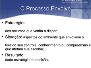 O Processo Envolve
• Estratégias:
dos recursos que venha a dispor;
• Situação: aspectos do ambiente que envolvem o
fora do seu controle, conhecimento ou compreensão e
que afetam sua escolha;
• Resultado:
dada estratégia de decisão.
 