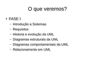 O que veremos?
● FASE I
– Introdução a Sistemas
– Requisitos
– Historia e evolução da UML
– Diagramas estruturais da UML
– Diagramas comportamentais da UML
– Relacionamento em UML
 