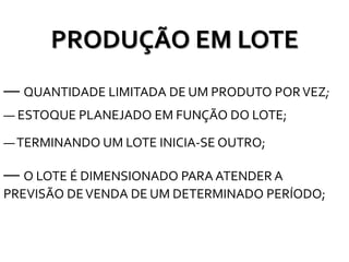 PRODUÇÃO EM LOTE
―TERMINANDO UM LOTE INICIA-SE OUTRO;
― QUANTIDADE LIMITADA DE UM PRODUTO PORVEZ;
― ESTOQUE PLANEJADO EM FUNÇÃO DO LOTE;
― O LOTE É DIMENSIONADO PARA ATENDER A
PREVISÃO DEVENDA DE UM DETERMINADO PERÍODO;
 