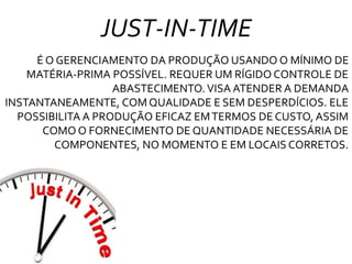 É O GERENCIAMENTO DA PRODUÇÃO USANDO O MÍNIMO DE
MATÉRIA-PRIMA POSSÍVEL. REQUER UM RÍGIDO CONTROLE DE
ABASTECIMENTO.VISA ATENDER A DEMANDA
INSTANTANEAMENTE, COM QUALIDADE E SEM DESPERDÍCIOS. ELE
POSSIBILITA A PRODUÇÃO EFICAZ EMTERMOS DE CUSTO, ASSIM
COMO O FORNECIMENTO DE QUANTIDADE NECESSÁRIA DE
COMPONENTES, NO MOMENTO E EM LOCAIS CORRETOS.
JUST-IN-TIME
 