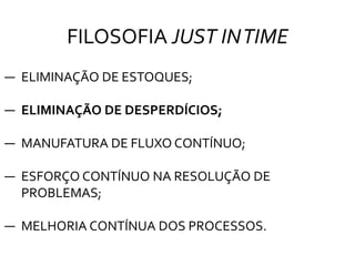FILOSOFIA JUST INTIME
― ELIMINAÇÃO DE ESTOQUES;
― ELIMINAÇÃO DE DESPERDÍCIOS;
― MANUFATURA DE FLUXO CONTÍNUO;
― ESFORÇO CONTÍNUO NA RESOLUÇÃO DE
PROBLEMAS;
― MELHORIA CONTÍNUA DOS PROCESSOS.
 