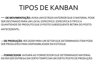 TIPOS DE KANBAN
― DE MOVIMENTAÇÃO:AVISA UM ESTÁGIO ANTERIORQUE O MATERIAL PODE
SER DESTINADO PARA UM LOCAL ESPECÍFICO. ESPECIFICAOTIPO EA
QUANTIDADE DE PRODUTOQUE O POSTO SUBSEQUENTE RETIRA DO POSTO
ANTECEDENTE.
― DE PRODUÇÃO: IRÁ DIZER PARA UM SETOR QUE DETERMINADO ITEM PODE
SER PRODUZIDO PARA DISPONIBILIDADE EM ESTOQUE.
― FORNECEDOR:AVISARÁ AO FORNECEDOR QUE DETERMINADO MATERIAL
DEVER SER ENTREGA EM CERTOTEMPO EM UMCERTO POSTO DE PRODUÇÃO.
 