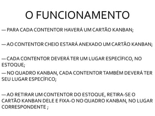 O FUNCIONAMENTO
―AO CONTENTOR CHEIO ESTARÁ ANEXADO UM CARTÃO KANBAN;
― NO QUADRO KANBAN, CADA CONTENTORTAMBÉM DEVERÁTER
SEU LUGAR ESPECÍFICO;
―AO RETIRAR UM CONTENTOR DO ESTOQUE, RETIRA-SE O
CARTÃO KANBAN DELE E FIXA-O NO QUADRO KANBAN, NO LUGAR
CORRESPONDENTE ;
― PARA CADA CONTENTOR HAVERÁ UM CARTÃO KANBAN;
― CADA CONTENTOR DEVERÁTER UM LUGAR ESPECÍFICO, NO
ESTOQUE;
 