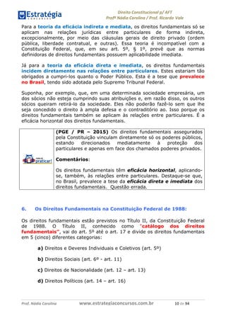 !∀#∃∀%& (&)∗%∀%+,∀&)−. /0 123
4#&56 789∀− (−#&.∀)− 0 4#&5: ;∀,−#9& <−.∃
4#&5: 789∀− (−#&.∀)− !!!∀#∃%&∋%#()∋∗+,∗−&∃+∃∀∗+.∀/& ∀− #∃ %&
Para a teoria da eficácia indireta e mediata, os direitos fundamentais só se
aplicam nas relações jurídicas entre particulares de forma indireta,
excepcionalmente, por meio das cláusulas gerais de direito privado (ordem
pública, liberdade contratual, e outras). Essa teoria é incompatível com a
Constituição Federal, que, em seu art. 5º, § 1º, prevê que as normas
definidoras de direitos fundamentais possuem aplicabilidade imediata.
Já para a teoria da eficácia direta e imediata, os direitos fundamentais
incidem diretamente nas relações entre particulares. Estes estariam tão
obrigados a cumpri-los quanto o Poder Público. Esta é a tese que prevalece
no Brasil, tendo sido adotada pelo Supremo Tribunal Federal.
Suponha, por exemplo, que, em uma determinada sociedade empresária, um
dos sócios não esteja cumprindo suas atribuições e, em razão disso, os outros
sócios queiram retirá-lo da sociedade. Eles não poderão fazê-lo sem que lhe
seja concedido o direito à ampla defesa e o contraditório ao. Isso porque os
direitos fundamentais também se aplicam às relações entre particulares. É a
eficácia horizontal dos direitos fundamentais.
(PGE / PR – 2015) Os direitos fundamentais assegurados
pela Constituição vinculam diretamente só os poderes públicos,
estando direcionados mediatamente à proteção dos
particulares e apenas em face dos chamados poderes privados.
Comentários:
Os direitos fundamentais têm eficácia horizontal, aplicando-
se, também, às relações entre particulares. Destaque-se que,
no Brasil, prevalece a tese da eficácia direta e imediata dos
direitos fundamentais. Questão errada.
6. Os Direitos Fundamentais na Constituição Federal de 1988:
Os direitos fundamentais estão previstos no Título II, da Constituição Federal
de 1988. O Título II, conhecido como “catálogo dos direitos
fundamentais”, vai do art. 5º até o art. 17 e divide os direitos fundamentais
em 5 (cinco) diferentes categorias:
a) Direitos e Deveres Individuais e Coletivos (art. 5º)
b) Direitos Sociais (art. 6º - art. 11)
c) Direitos de Nacionalidade (art. 12 – art. 13)
d) Direitos Políticos (art. 14 – art. 16)
 