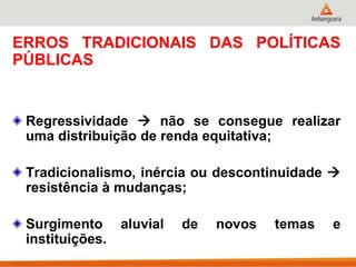 ERROS TRADICIONAIS DAS POLÍTICAS
PÚBLICAS
Regressividade  não se consegue realizar
uma distribuição de renda equitativa;
Tradicionalismo, inércia ou descontinuidade 
resistência à mudanças;
Surgimento aluvial de novos temas e
instituições.
 