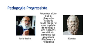 Podemos dizer
que o
chamado
"Método
Paulo Freire" é
uma espécie
de reedição
dos diálogos
socráticos,
como no-los
apresenta
Platão em a
República
Pedagogia Progressista
Paulo Freire Sócrates
 