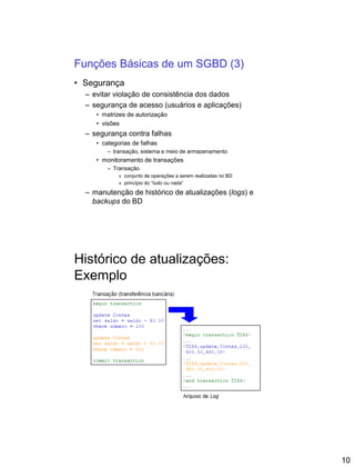 10
Funções Básicas de um SGBD (3)
• Segurança
– evitar violação de consistência dos dados
– segurança de acesso (usuários e aplicações)
• matrizes de autorização
• visões
– segurança contra falhas
• categorias de falhas
– transação, sistema e meio de armazenamento
• monitoramento de transações
– Transação
» conjunto de operações a serem realizadas no BD
» princípio do “tudo ou nada”
– manutenção de histórico de atualizações (logs) e
backups do BD
Histórico de atualizações:
Exemplo
 