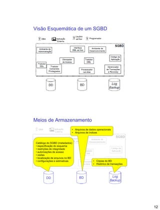 12
Visão Esquemática de um SGBD
Meios de Armazenamento
• Arquivos de dados operacionais
• Arquivos de índices
Catálogo do SGBD (metadados):
• especificação do esquema
• restrições de integridade
• autorizações de acesso
• visões
• localização de arquivos no BD
• configurações e estimativas • Cópias do BD
• Histórico de transações
 