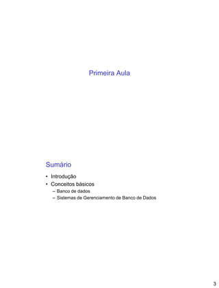 3
Primeira Aula
Sumário
• Introdução
• Conceitos básicos
– Banco de dados
– Sistemas de Gerenciamento de Banco de Dados
 