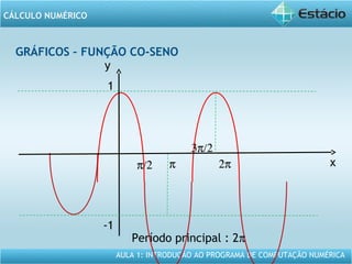 AULA 1: INTRODUÇÃO AO PROGRAMA DE COMPUTAÇÃO NUMÉRICA
CÁLCULO NUMÉRICO
GRÁFICOS – FUNÇÃO CO-SENO
y
x
1
-1
π/2 π
3π/2
2π
Período principal : 2π
 