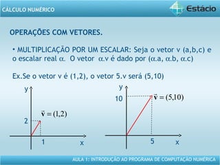AULA 1: INTRODUÇÃO AO PROGRAMA DE COMPUTAÇÃO NUMÉRICA
CÁLCULO NUMÉRICO
OPERAÇÕES COM VETORES.
• MULTIPLICAÇÃO POR UM ESCALAR: Seja o vetor v (a,b,c) e
o escalar real α. O vetor α.v é dado por (α.a, α.b, α.c)
Ex.Se o vetor v é (1,2), o vetor 5.v será (5,10)
y
x
)2,1(=v

1
2
y
x
)10,5(=v

5
10
 